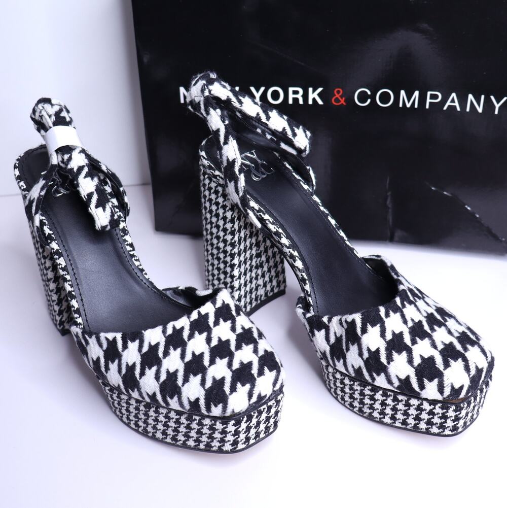 NEW YORK & COMPANY Laylani Houndstooth Heeled Platform Sandals NIB Women's 7.5 - Picture 1 of 8